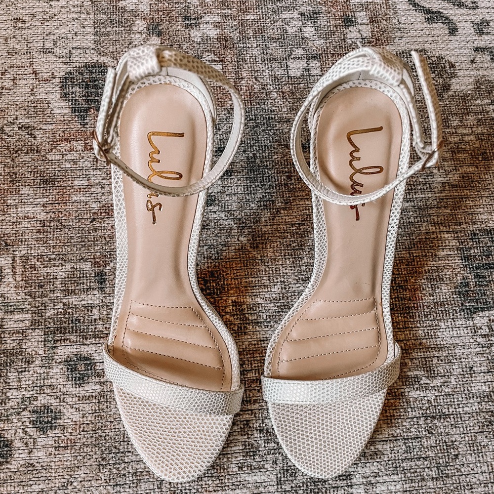 - White scalloped Lulus strappy heels loveliness
